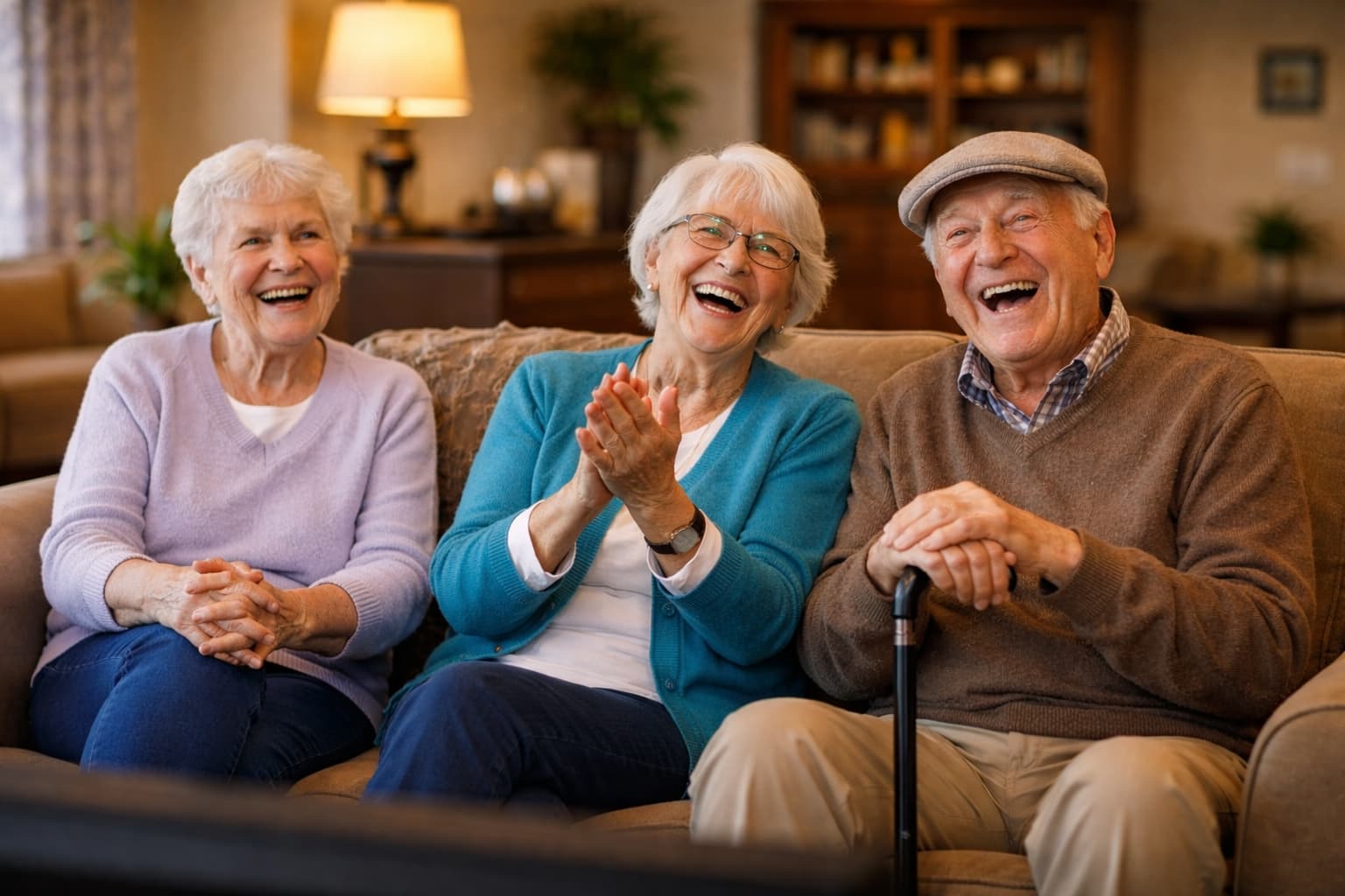 Seniors smiling together while participating in a trivia activity