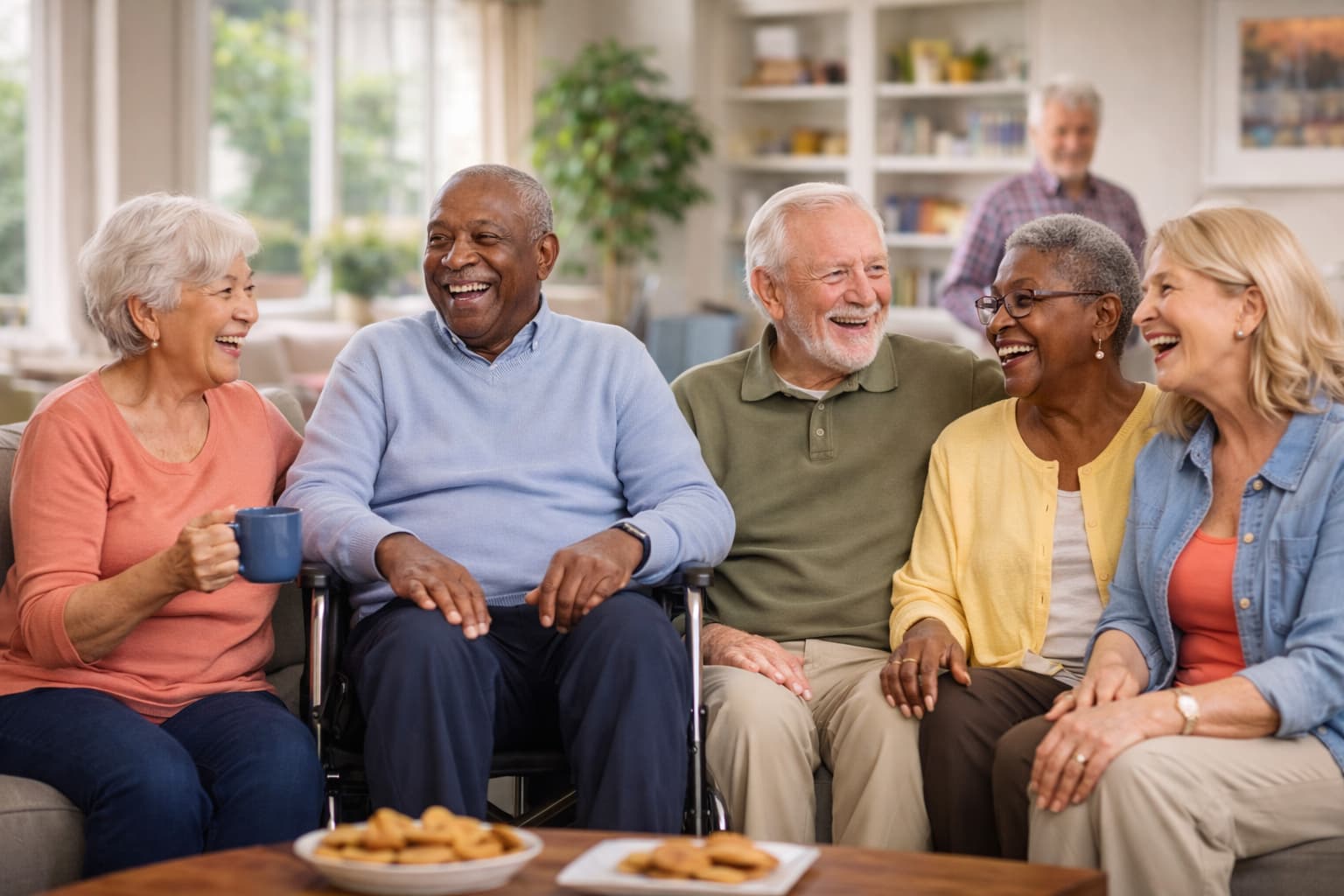 Seniors smiling together while participating in a trivia activity